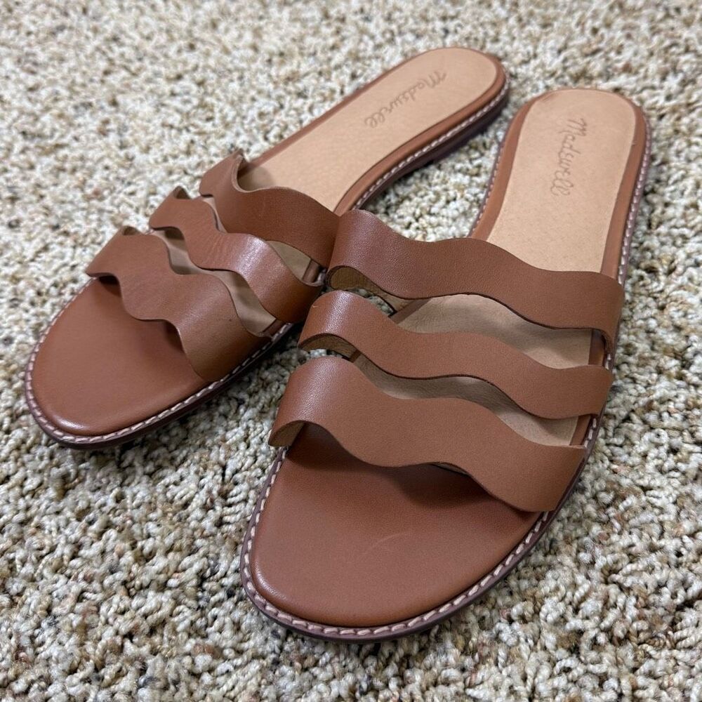 Madewell The Wave Tan Brown Wavy Strap Slide Sandals Size 9.5